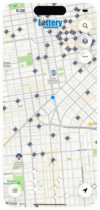 Lottery Places on iPhone showing lottery retailers on a map of San Francisco
