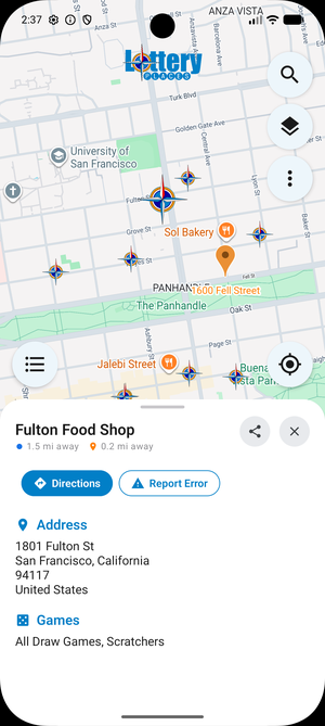 Retailer detail sheet showing address, games sold, and directions button